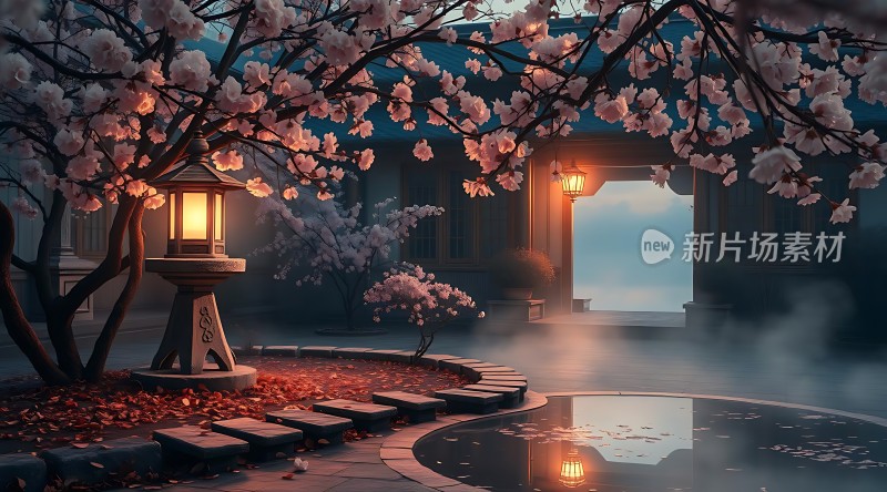 春夜灯笼映花影