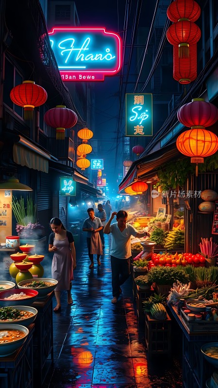 霓虹灯下的夜市风情