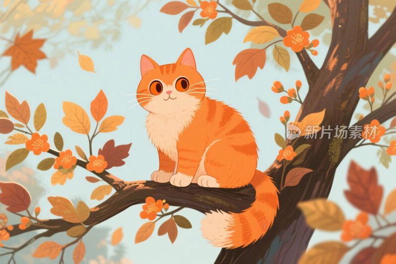 橘猫秋枝插画