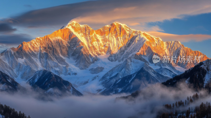 西藏巍峨日照雪山云海翻腾唯美背景