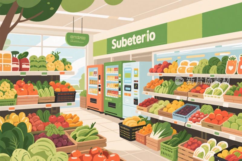 超市果蔬货架插画