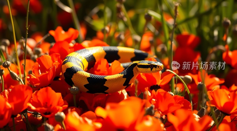 黄黑相间蛇穿行在红色花丛中