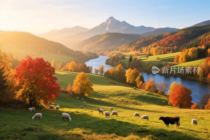 秋日山间牧场美景