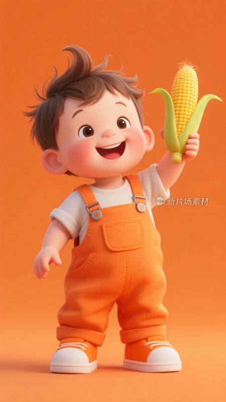 手持玉米的可爱卡通小男孩
