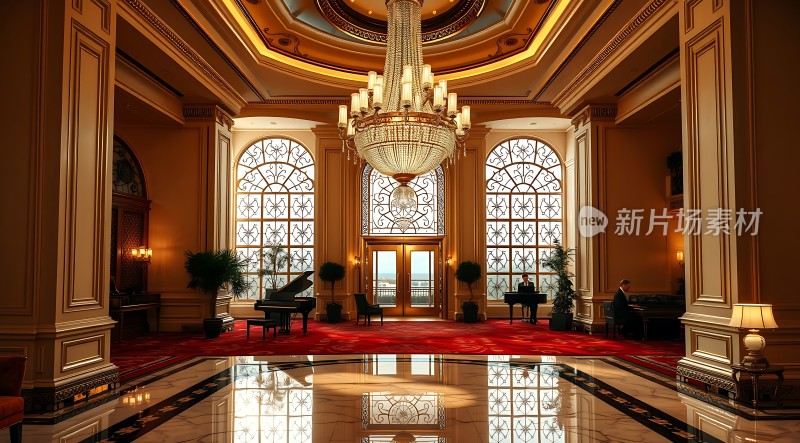 豪华大厅红地毯钢琴大吊灯