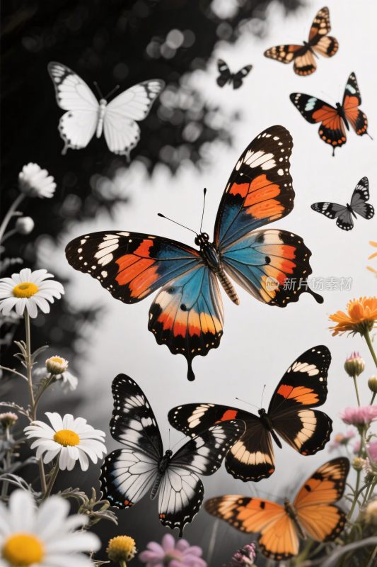 花丛中飞舞的多彩蝴蝶