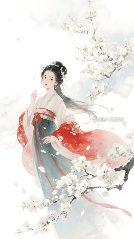 汉服佳人映白花