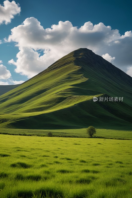 山中央一棵孤树的草地高清图片