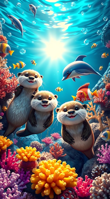 海豚与河狸共舞水下世界