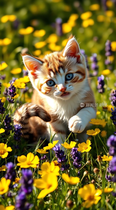 阳光下的花丛中可爱小猫