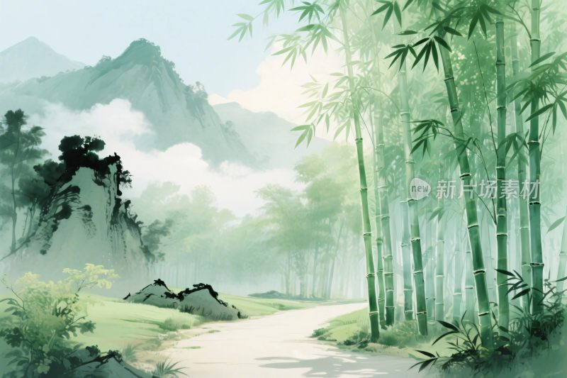 山水竹林风景插画