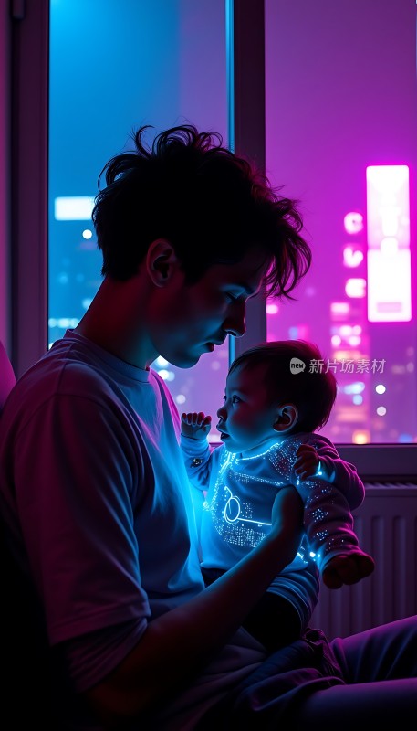 父子夜谈霓虹闪烁下的温馨时刻