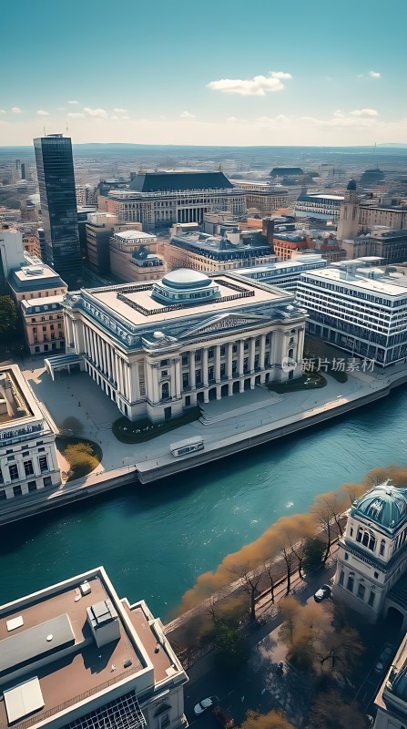 城市风光河流穿城而过现代与古典建筑交相辉映