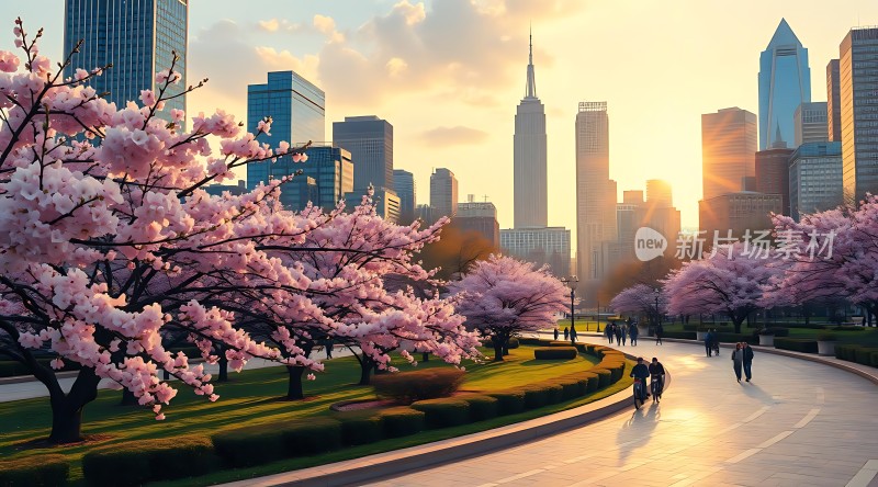 春日樱花烂漫时城市公园美景如画