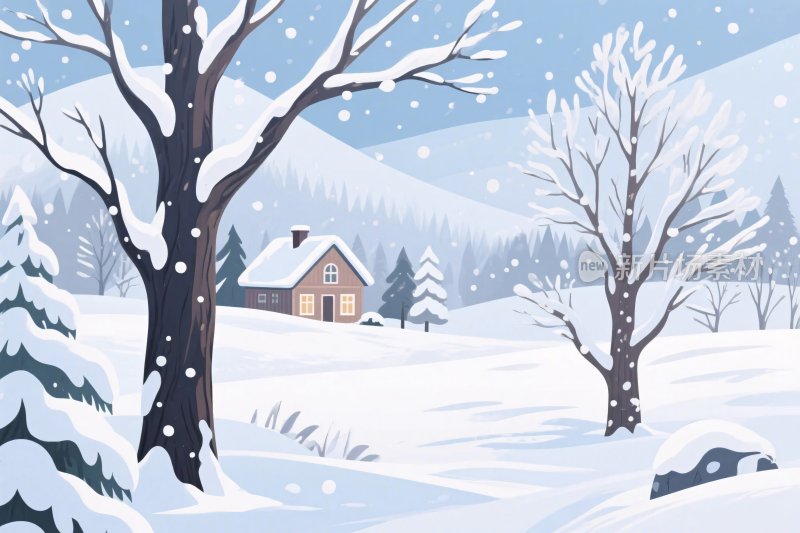 冬季雪景乡村插画