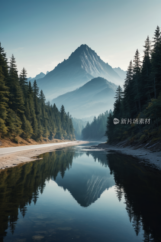 山倒映在河水的静水中高清风景插图片