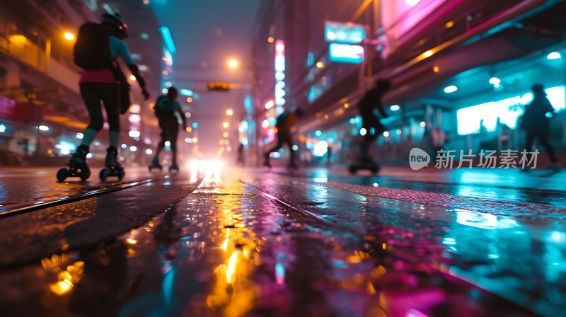 霓虹夜色下的滑板者