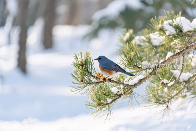 雪地小鸟栖息图