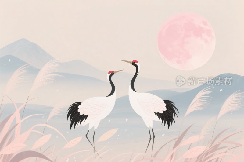月下双鹤插画