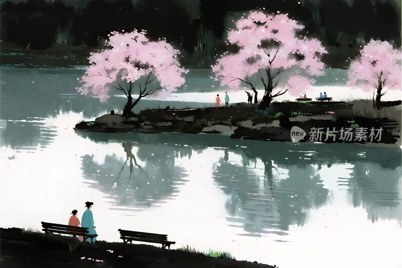 春日湖景樱花插画
