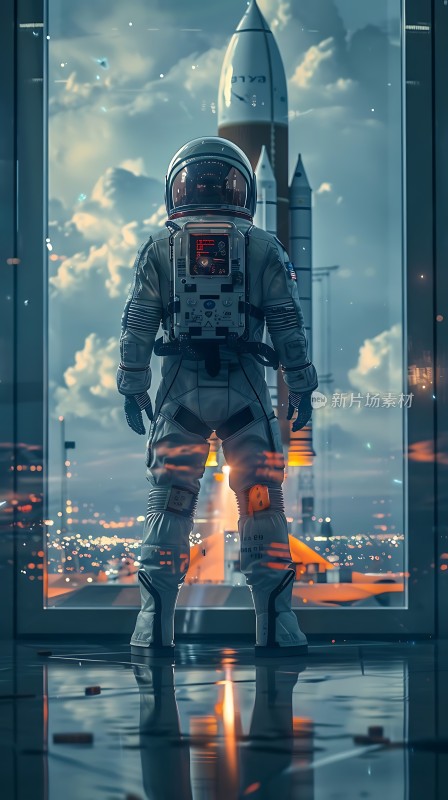 宇航员凝视着窗外升空的火箭