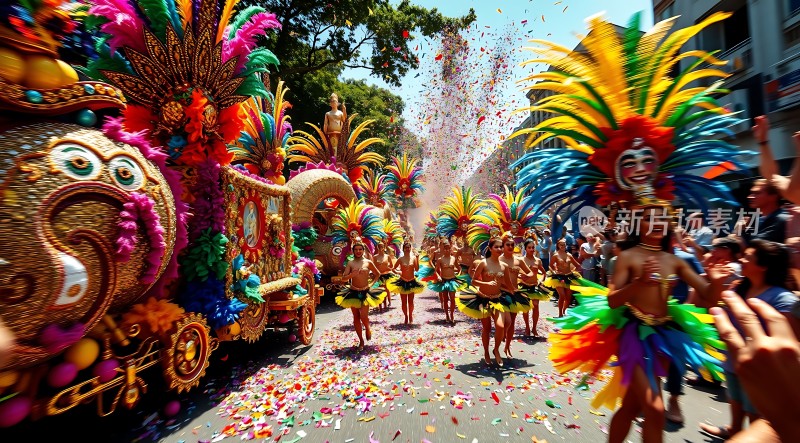 狂欢节盛装游行五彩缤纷的装饰和表演者