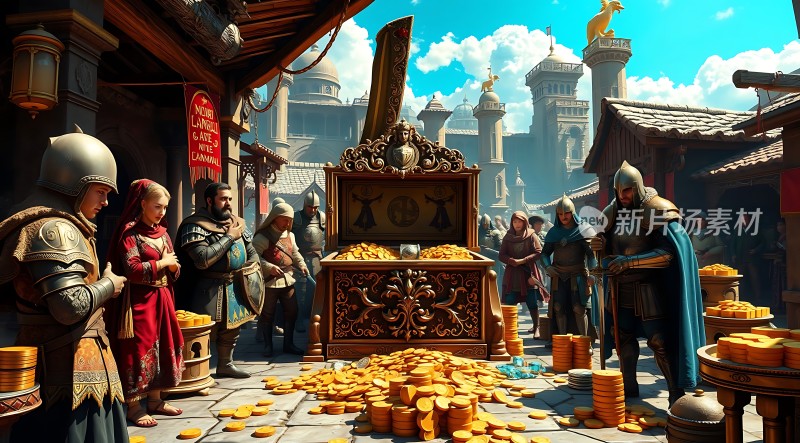 中世纪集市上的金币交易