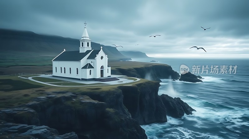 海边的白色教堂与飞翔的海鸥