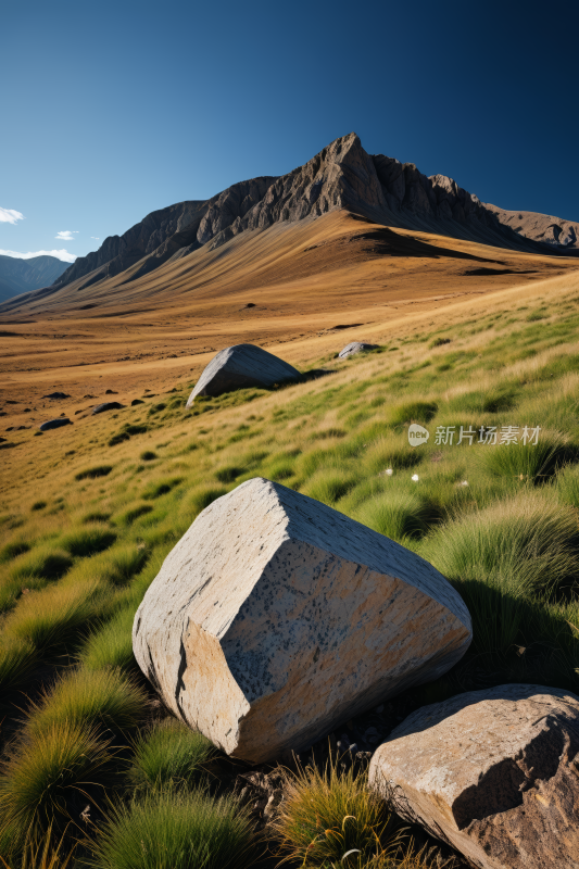 山附近的草丛中有两块大岩石高清风景图片