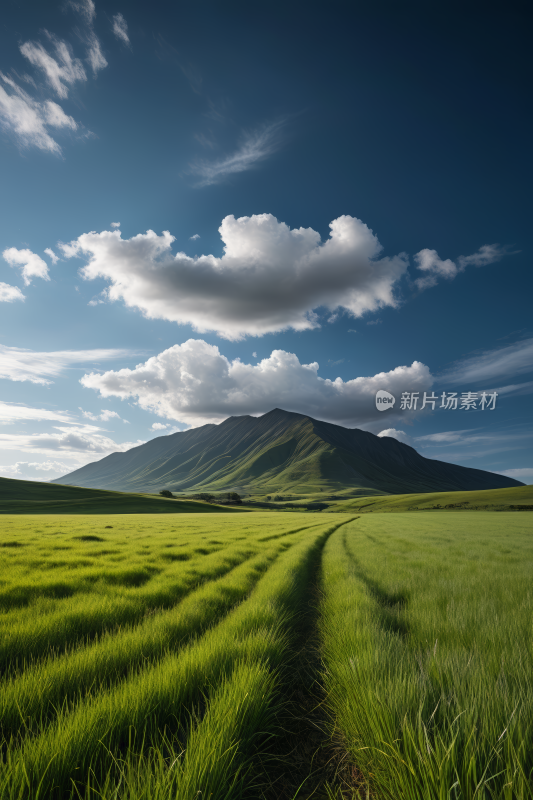 草地一座山中间一条小径高清风景图片