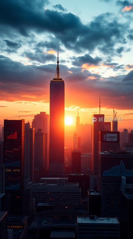城市日出摩天大楼映衬着朝阳