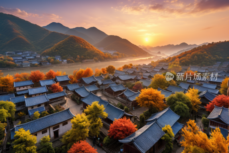 山脉的村庄里树叶呈橙色和黄色风景风光图片