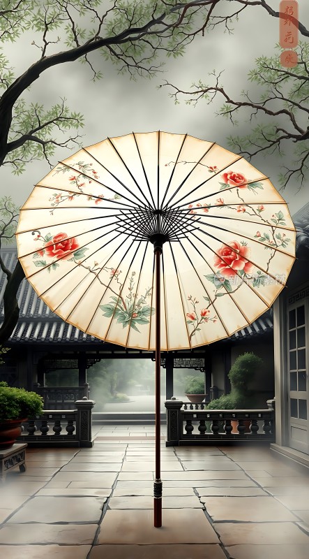 古风油纸伞下的静谧庭院