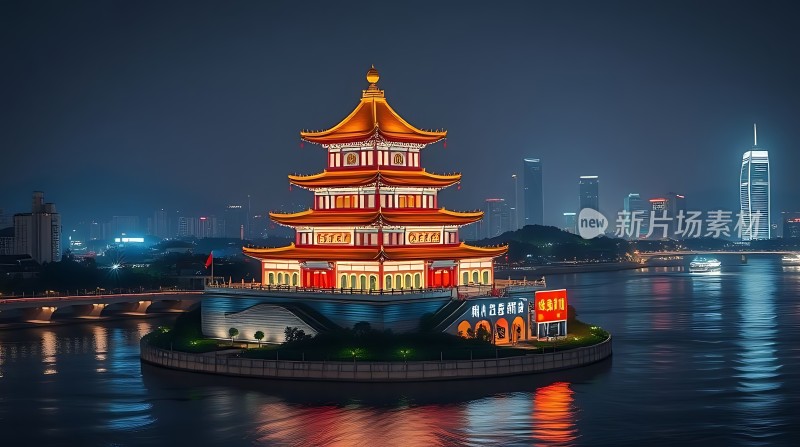 黄浦江畔灯光璀璨东方明珠塔下古建筑熠熠生辉