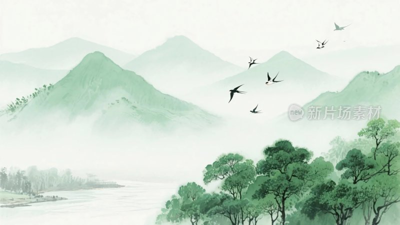 水墨山水飞鸟图