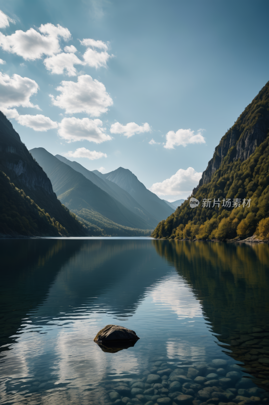 湖中央一块岩石周围群山环绕高清风景图片