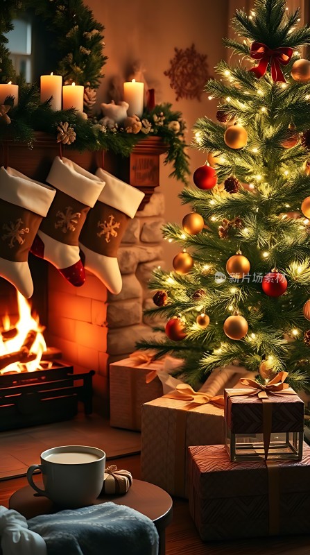 温馨圣诞夜壁炉旁的礼物和热饮