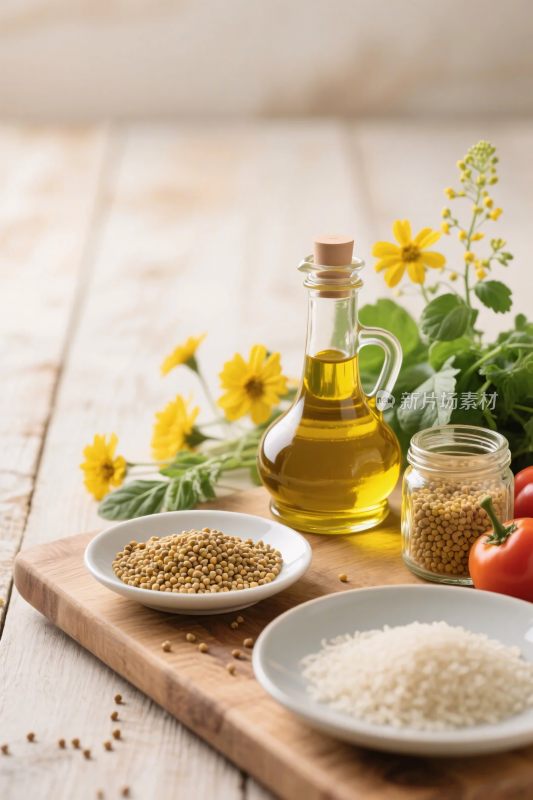 木桌上的食用油与食材