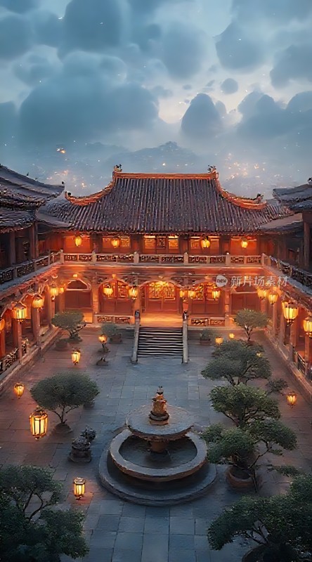 古风庭院夜色幽静