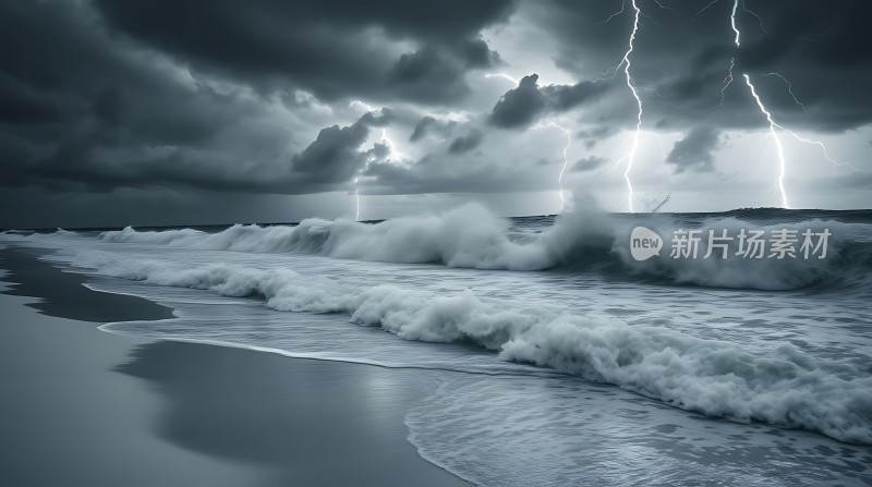 暴风雨中的海浪与闪电