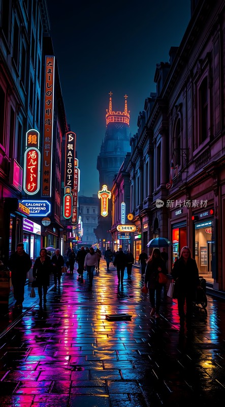 霓虹灯下的繁华街道