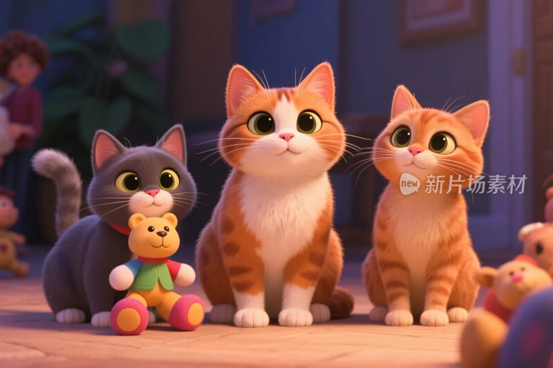 三只卡通猫咪与玩偶