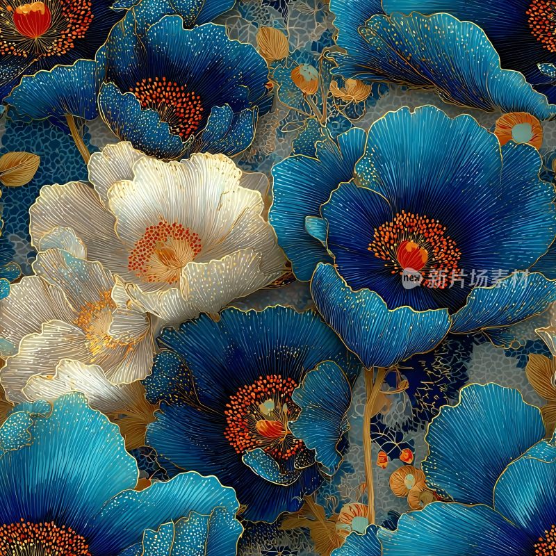 蓝白花卉插画图案