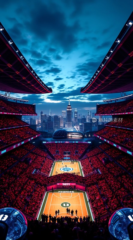 城市夜景下的篮球场
