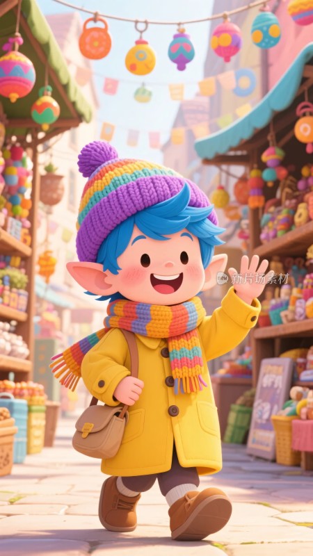 戴帽精灵在集市欢快挥手