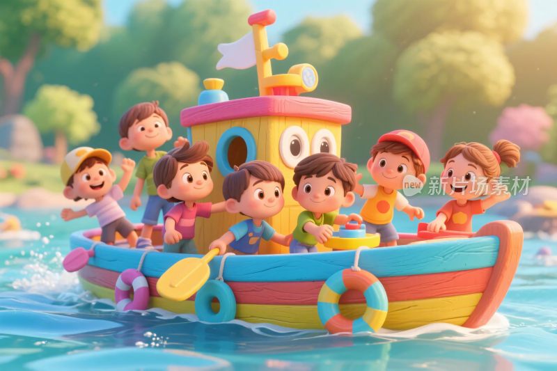 孩童乘彩色小船欢乐游玩