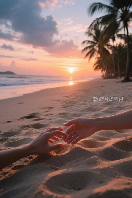 海滩夕阳牵手画面
