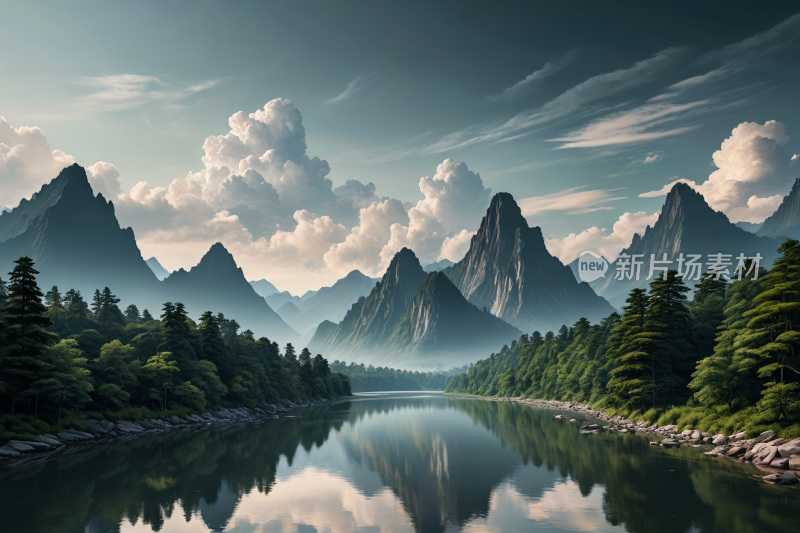 山林倒影在山区的湖泊中高清风景插画图片