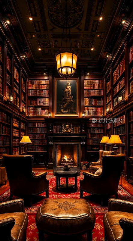 古董书架环绕的舒适书房