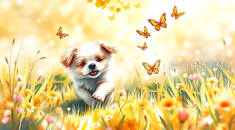 阳光下的快乐小狗与蝴蝶共舞
